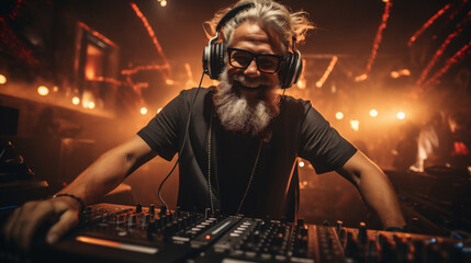 Portrait of a professional dj with headphones playing music at a nightclub.