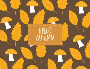 Vector drawing of autumn leaves and mushroom, vector pattern on a dark background. Pattern for packaging and printing, design elements.