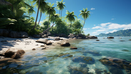 Idyllic tropical coastline, palm trees sway, waves crash on rocks generated by AI