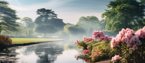 The Northern Botanic Gardens in Ireland are a national treasure with its stunning botanical displays of white flowers set against the backdrop of a vibrant blue sky creating a picturesque sc - obrazy, fototapety, plakaty