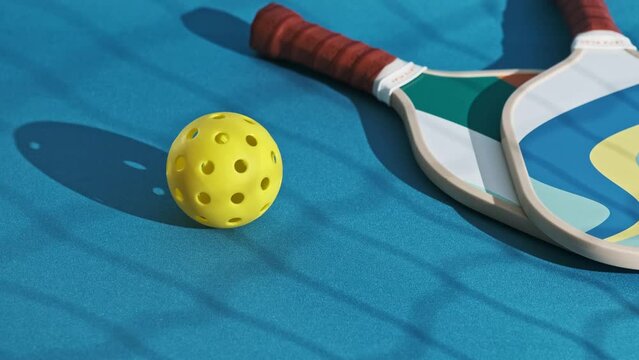 yellow pickleball ball bouncing next to some paddles on a blue floor