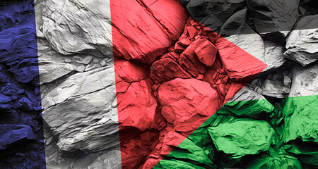 Flags of France and Palestine on a rock wall with cracks, stone texture, concept of conflict and confrontation - obrazy, fototapety, plakaty