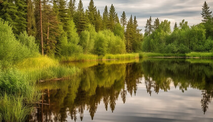 Fototapeta na wymiar Tranquil scene of a green forest reflecting in a pond generated by AI