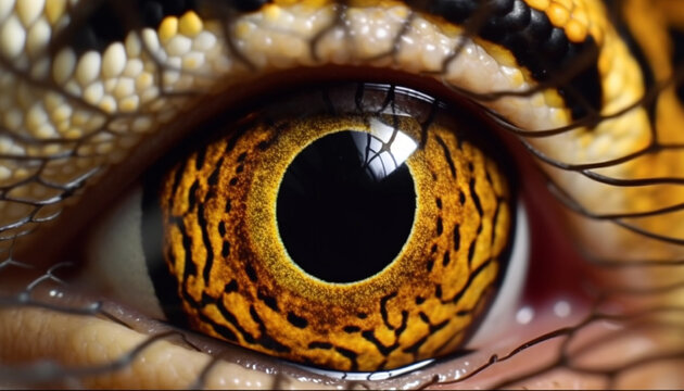 Yellow reptile eye staring, elegant pattern in macro photography generated by AI