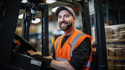 Fototapeta na wymiar A Portrait of a professional industrial worker driving a forklift, a team of quality control staff storing goods, shelving, Warehouse Workshop for factory workers, quality control engineers.