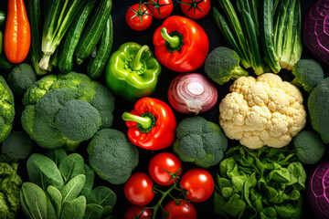 Abstract background of fresh vegetables arranged in a heap. Ecological, vegetarian, vegan, healthy food
