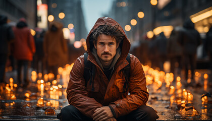 Obraz premium A lonely man sitting by the burning flame generated by AI