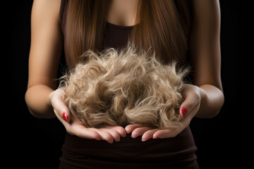 Naklejka premium A woman holding a handful of lost hair, evoking the concept of distress and hair loss. Generative Ai.