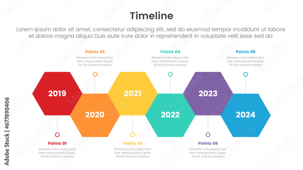 Poster timeline set of point infographic with hexagon up and down with circle line and 6 point stages conce