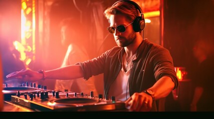Obraz na płótnie Canvas cool guy playing DJ at nightclub party lifestyle