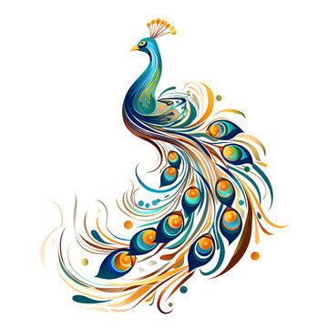 Artistic Style Beautiful Peacock Painting Drawing Cartoon Style Illustration No Background Perfect for Print on Demand Merchandise