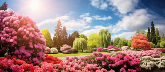 beautiful park the vibrant blue sky serves as the perfect background for the colorful floral display with stunning pink flowers lush green leaves and an array of vibrant plant life creating  - obrazy, fototapety, plakaty