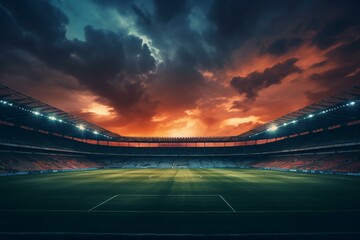 Deserted soccer stadium at sunset with vibrant lighting. Generative AI - obrazy, fototapety, plakaty