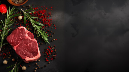 Red meat steaks, fresh raw beef steaks on dark counter table, top view, text copy space, view from above, spices, herbs, seasoning for cooking, grilling on black wooden background. Generative AI