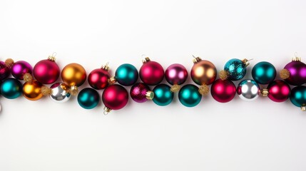 Colorful Christmas balls on white background with copy space for text.