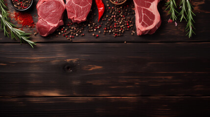 Red meat steaks, fresh raw beef steaks on dark wooden table, top view, text copy space, view from above, spices, herbs, seasoning for cooking, grilling on black wooden background. Generative AI