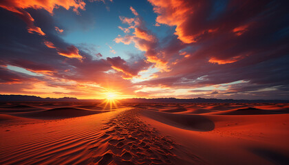 Tranquil scene of vibrant sunset over arid sand generated by AI