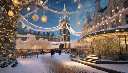 A bustling winter cityscape in London, England, with historic landmarks, festive decorations, and...