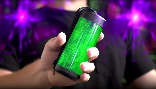 Young adult holding bottle of alcohol in nightclub lighting equipment generated by AI
