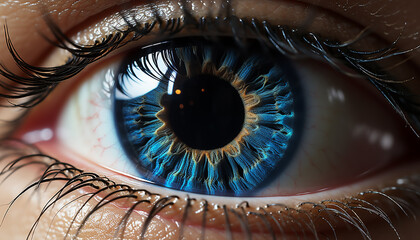 Close up of a blue eye, looking at camera with vibrant colors generated by AI