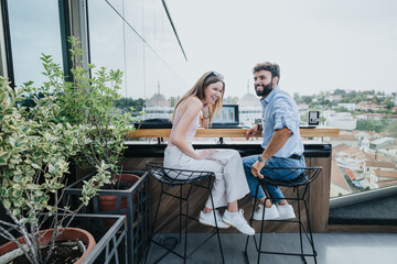 Young entrepreneurs execute their business expansion plan on a cloudy day over coffee in an urban cafe. They plan new projects, negotiate profitably, and strategize growth.