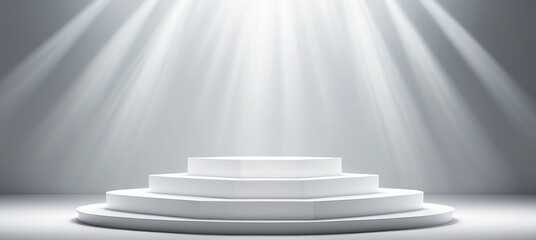 Obraz premium generative ai. A white podium under the spotlights on a solid gray background. Spherical podium of steps for product presentation and advertising.
