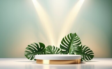 generative ai. An empty stage with a white and gold podium on a green background, tropical monstera leaves. Searchlight beams, spotlights. Stand for cosmetics, new product, promotional sale