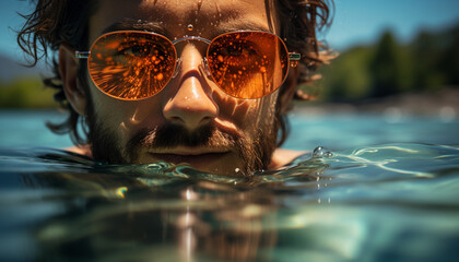 A man in sunglasses enjoys summer outdoors, swimming in a pool generated by AI