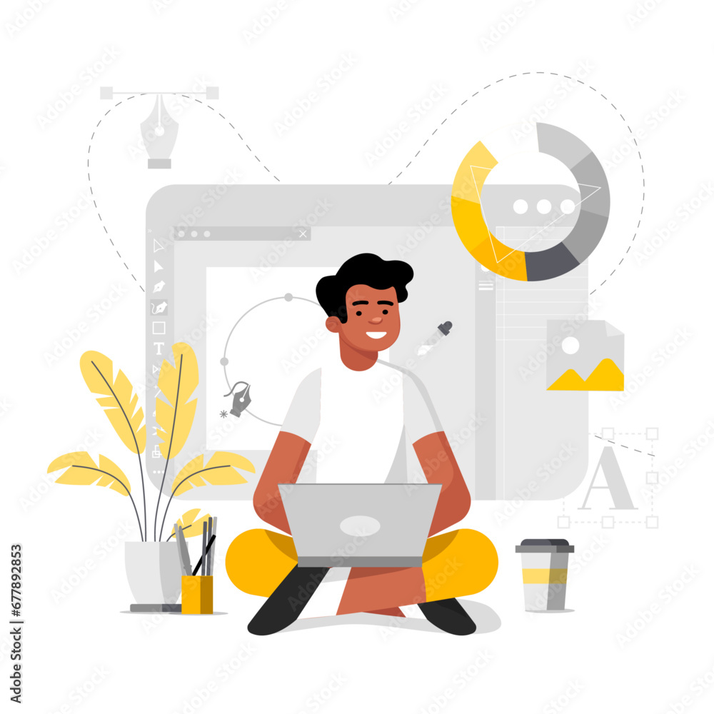 Fototapete Graphic designer, creative creator design, digital computer display workspace. Modern flat line design concept for web with outline people scene
