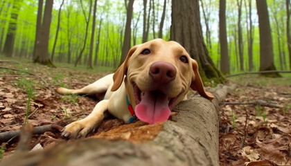 Purebred retriever sitting in green forest, playful and cute puppy generated by AI