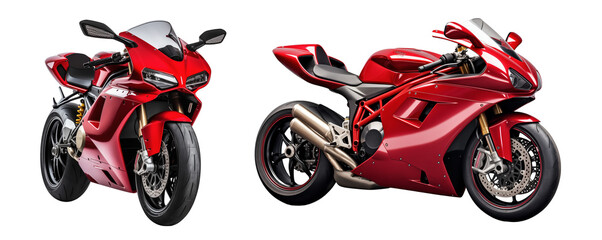 Set of red sport bike motorcycle isolated on transparent background, side view. Generative AI - obrazy, fototapety, plakaty