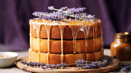 Fototapeta na wymiar Lavender Honey Almond Cake Natural Color , Background For Banner, HD