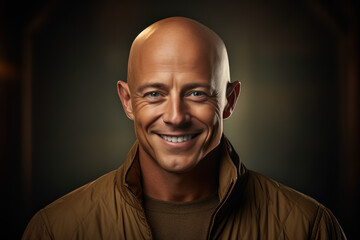 Obraz premium A person with a bald head and a radiant smile, portraying the concept of embracing one's uniqueness. Generative Ai.
