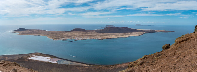 Panoramic full view of la Graciosa island as seen from lanzarote, canary islands, spain, view of the volcano, part of the Chinijo Archipelago and the Chinijo Archipelago Natural Park