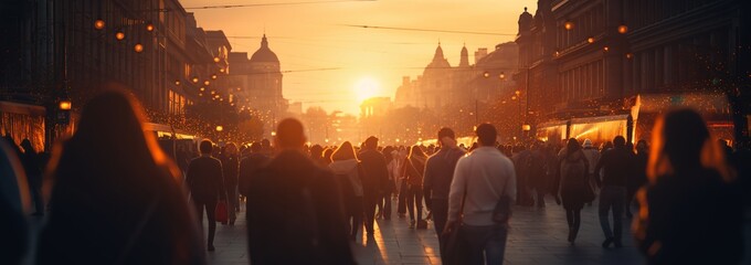 Blurred Crowd of people walking around the city on the sunset - Powered by Adobe
