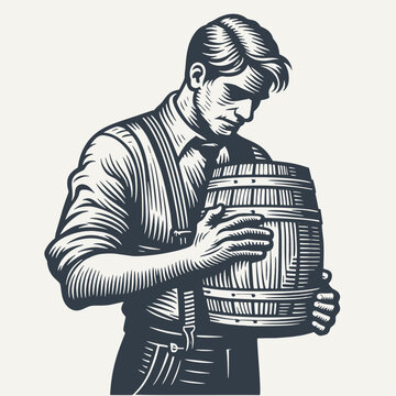 recommend clip art: Man holding Small Wooden Barrel - Vintage Woodcut style vector Illustration.