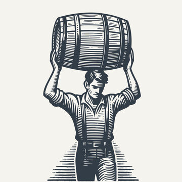 recommend clip art: Man carrying Small Wooden Barrel - Vintage Woodcut style vector Illustration..