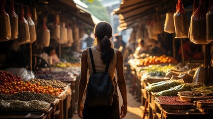 sun casting a golden hue, a woman with a ponytail and backpack explores a market, surrounded by stalls showcasing dried goods in hanging bags and an array of grains young woman shopping outdoor market - obrazy, fototapety, plakaty