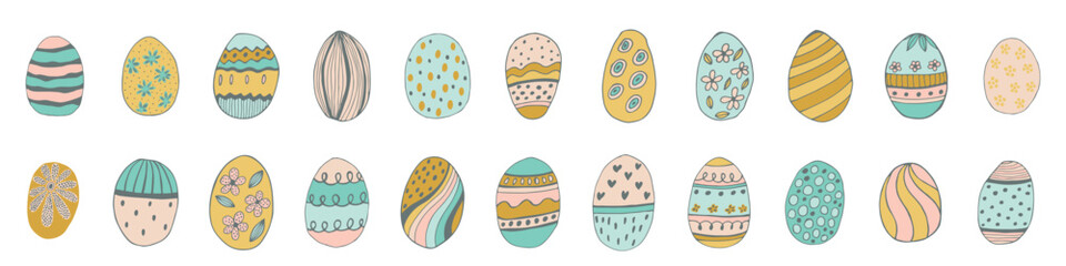 multicolored Easter eggs with botanical elements set doodle style. Happy easter hand drawn isolated on white background. Spring holiday. Happy Easter. Vector Illustration.
