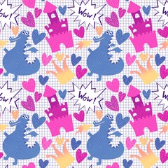 Cartoon dinosaur seamless Christmas dragon pattern for wrapping paper and fabrics and linens and kids clothes print