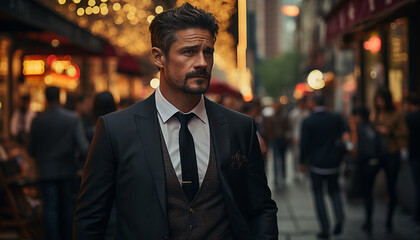 Confident businessman in a suit, standing outdoors, looking at camera generated by AI