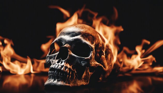 Human skull with fire background