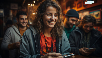 Fototapeta premium Smiling men and young adults find happiness in friendship and togetherness generated by AI