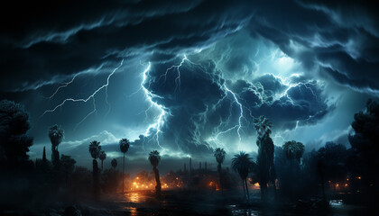 Dark night, thunderstorm, spooky landscape, dramatic sky, flash silhouette, fear generated by AI