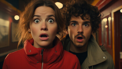 Young adult couple in love, smiling, looking at camera outdoors generated by AI