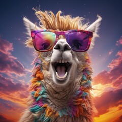 lama portrait with sunglasses, Funny animals in a group together looking at the camera, wearing clothes, having fun together, taking a selfie, An unusual moment full of fun and fashion consciousness.