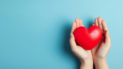 Red heart in hands on a blue background, generative AI
