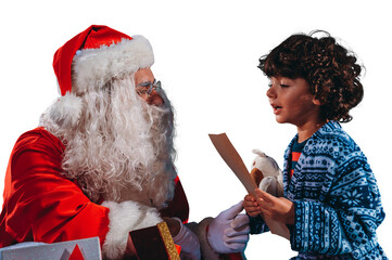 santa claus listens the gifts request of a child for christmas