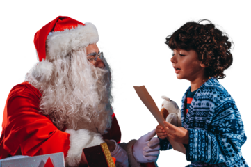 santa claus listens the gifts request of a child for christmas