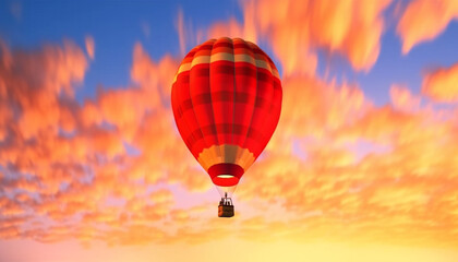 Fototapeta premium Colorful hot air balloon soars through blue sky at sunset generated by AI